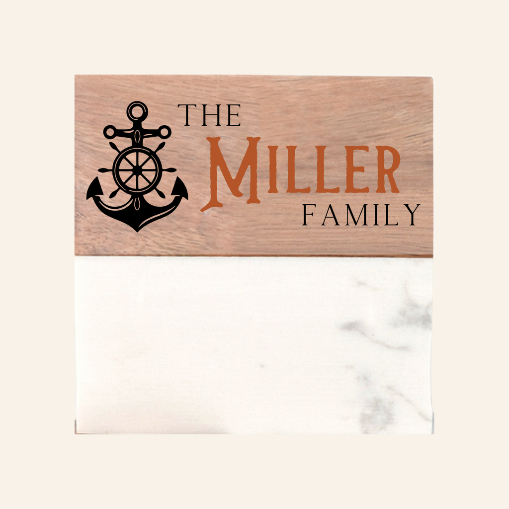 Personalized Acacia Wood & White Marble Coasters