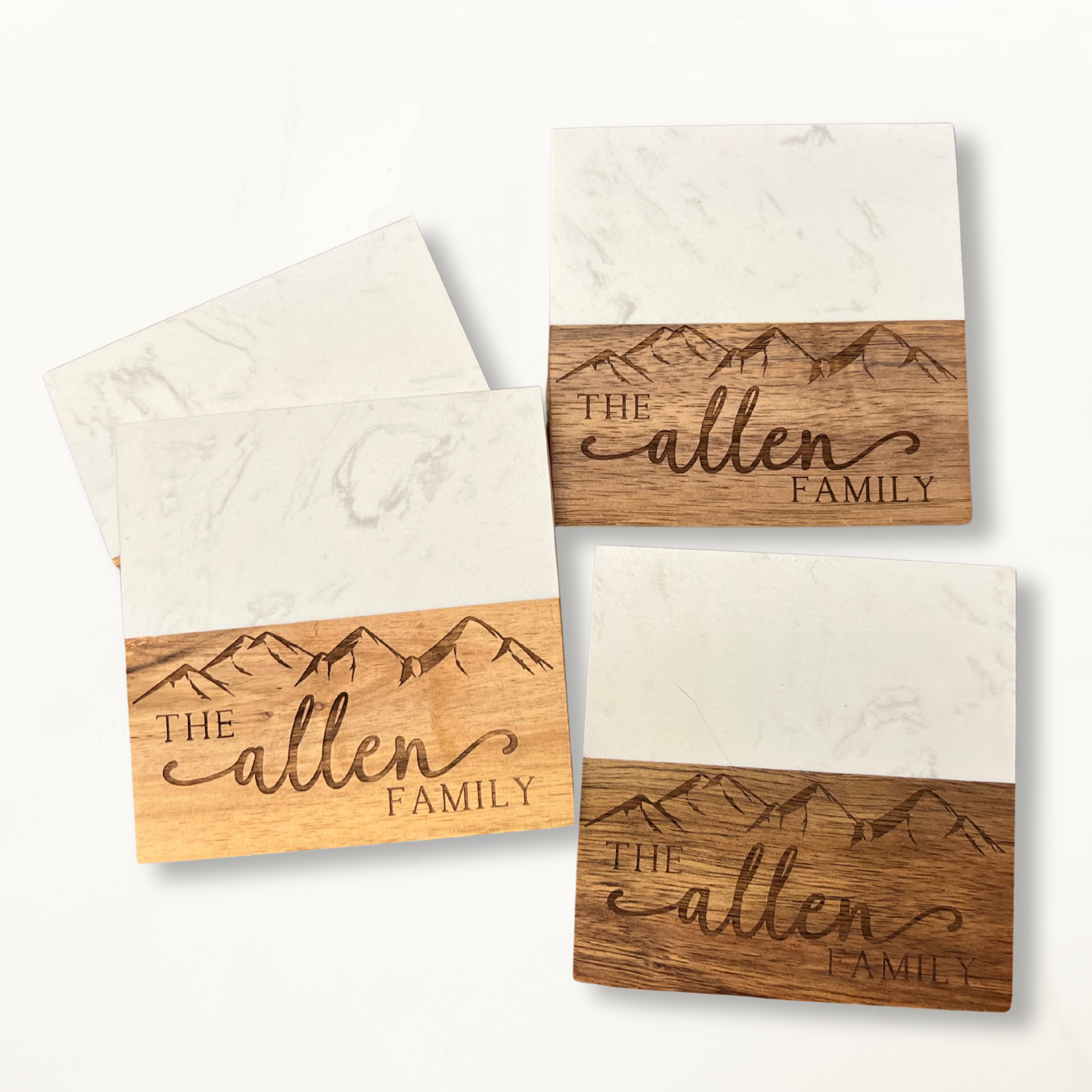 Personalized Acacia Wood & White Marble Coasters