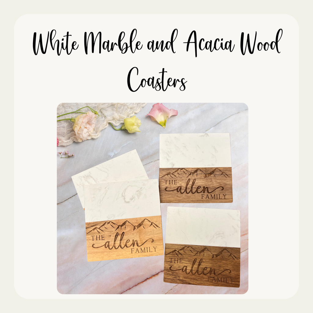 Personalized Acacia Wood & White Marble Coasters