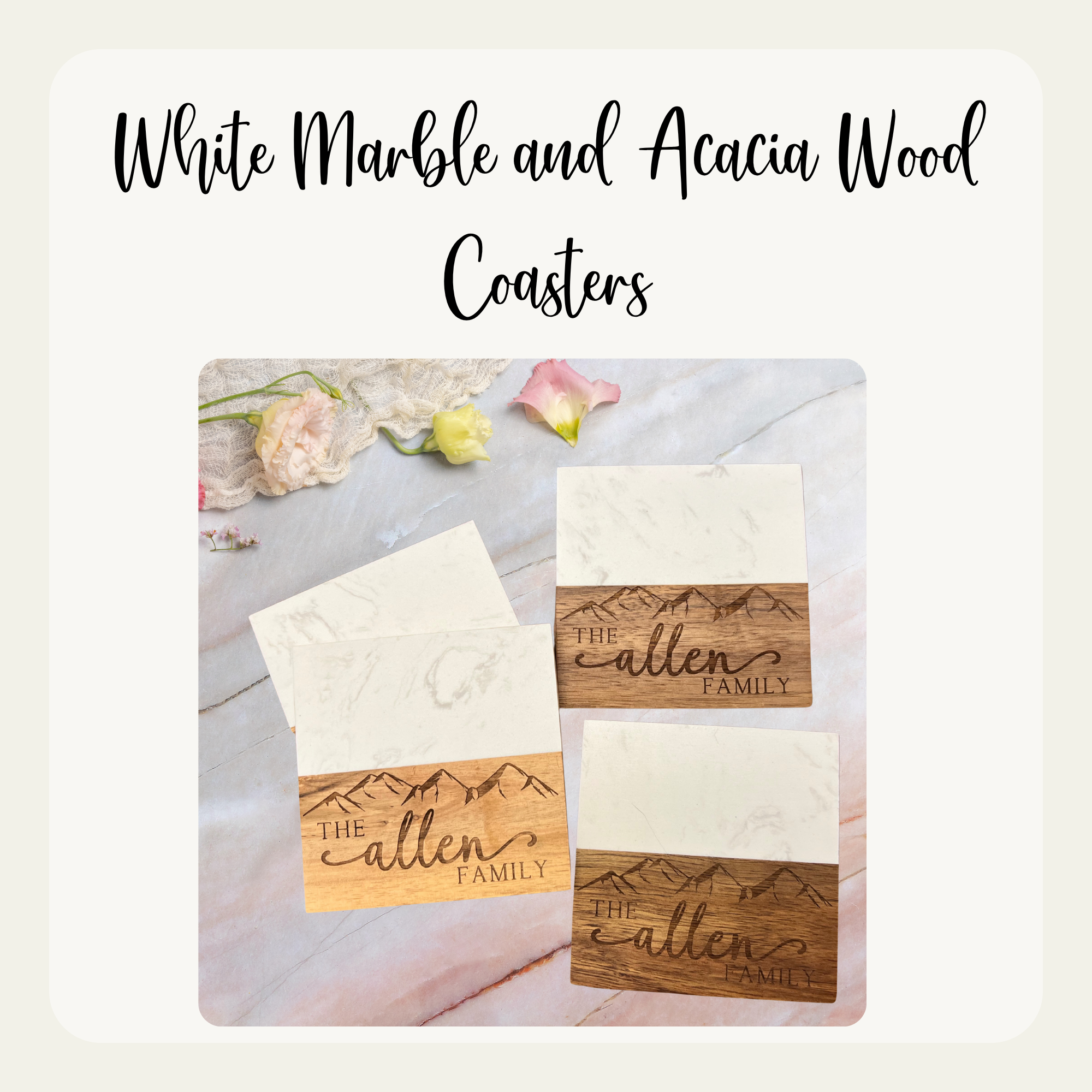 Personalized Acacia Wood & White Marble Coasters