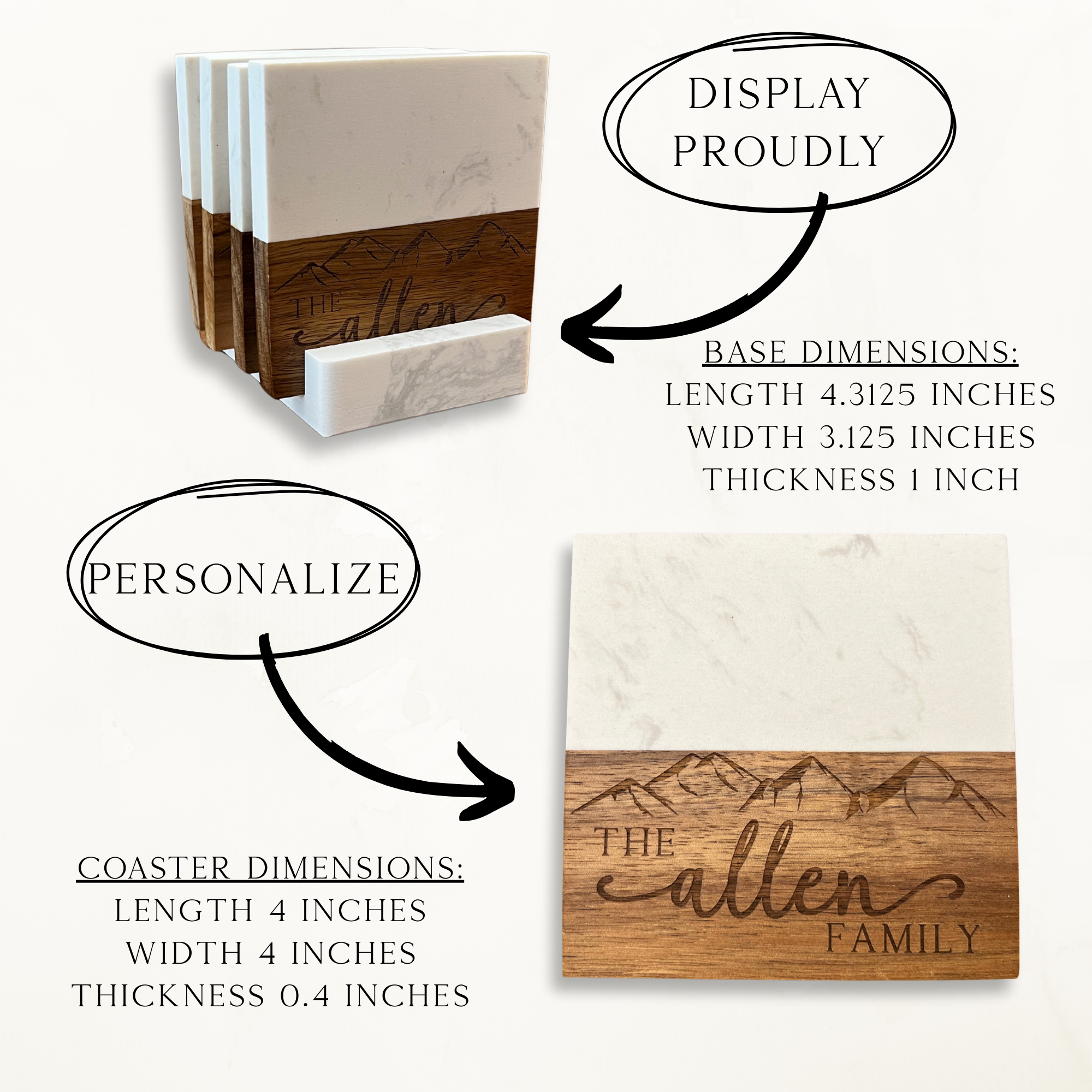 Personalized Acacia Wood & White Marble Coasters