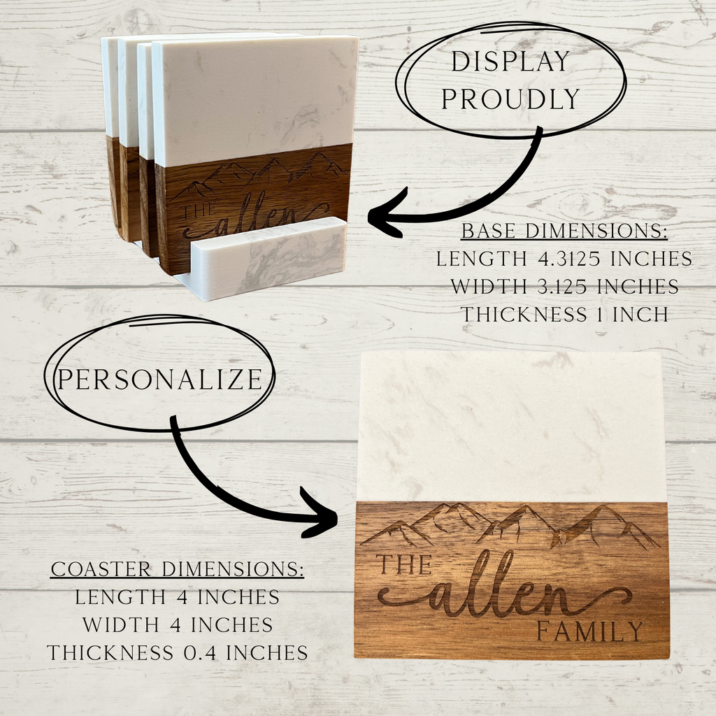 Personalized Acacia Wood & White Marble Coasters