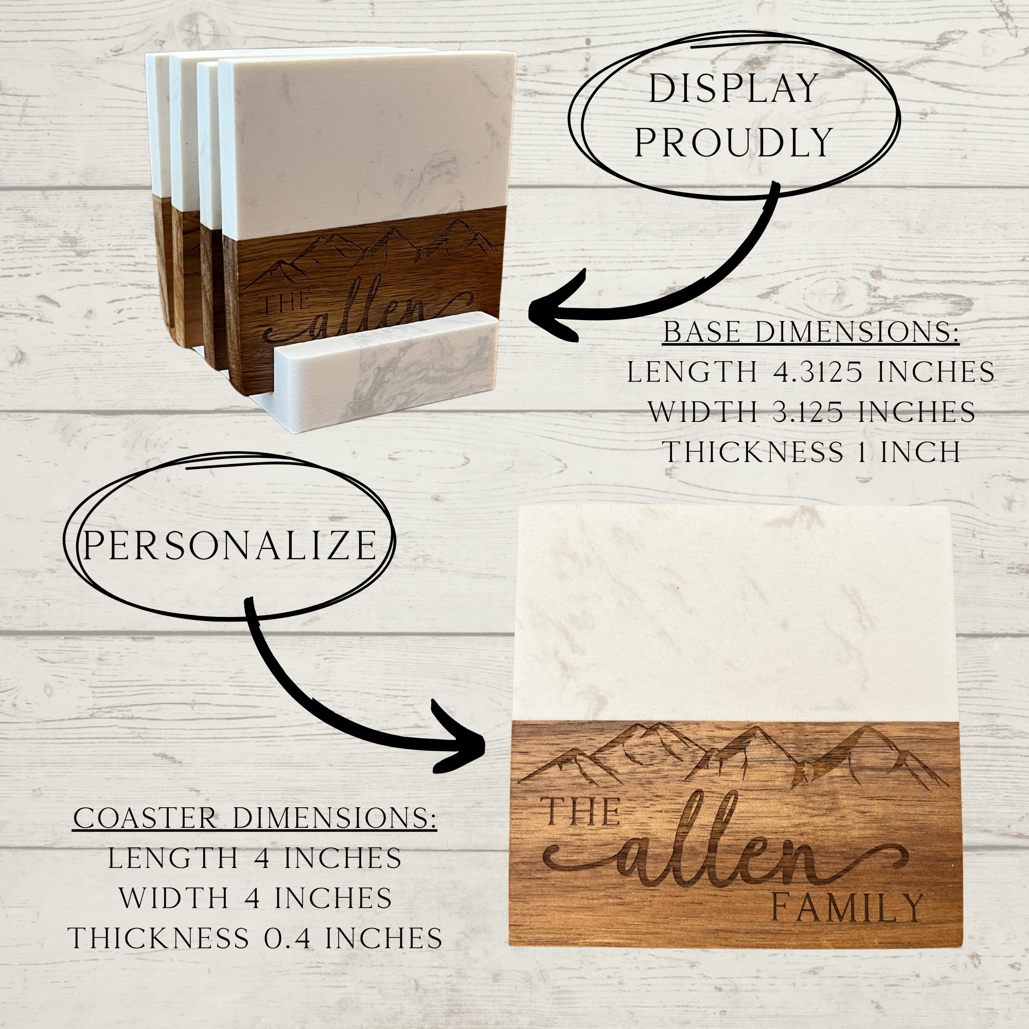 Personalized Acacia Wood & White Marble Coasters