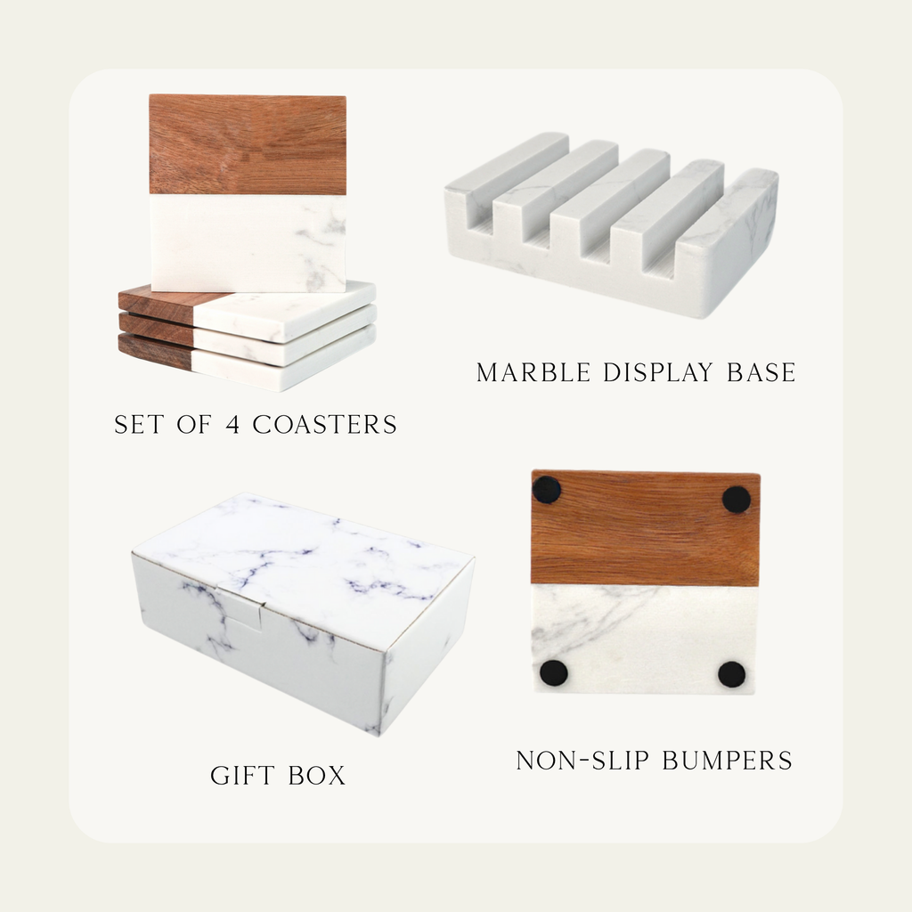 Personalized Acacia Wood & White Marble Coasters