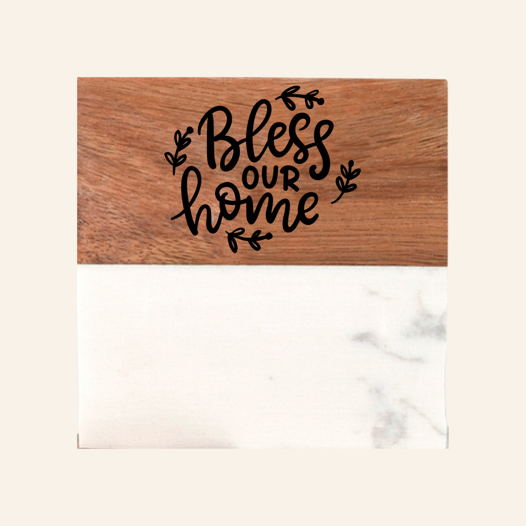 Personalized Acacia Wood & White Marble Coasters