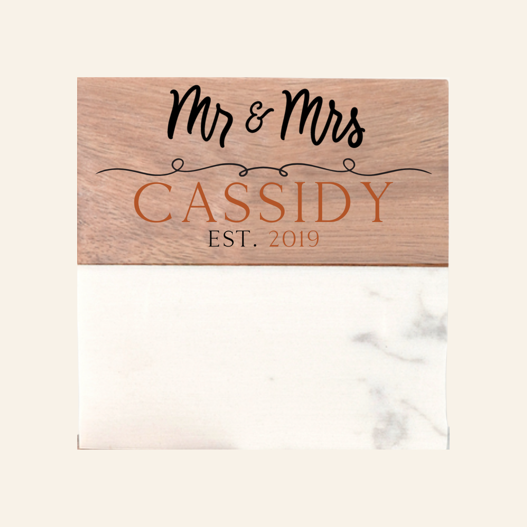 Personalized Acacia Wood & White Marble Coasters
